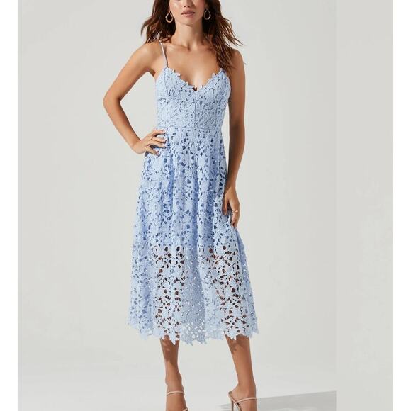 ASTR the label LACE A LINE MIDI DRESS pale blue midi crochet overlay SZ M - Picture 1 of 11